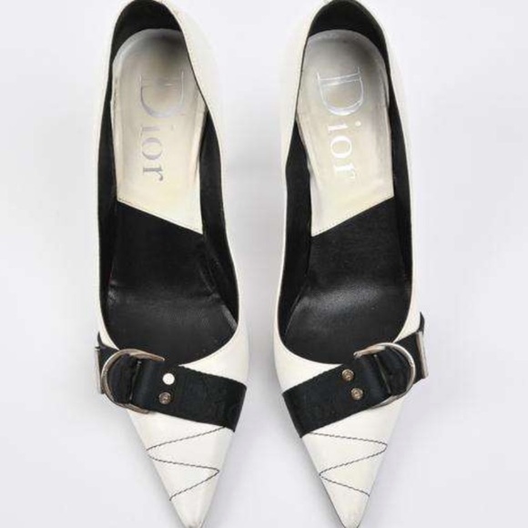 Dior Shoes 36 Logo Pumps Pointed High Heels White Silver Studs Charms Spellout - Picture 3 of 10